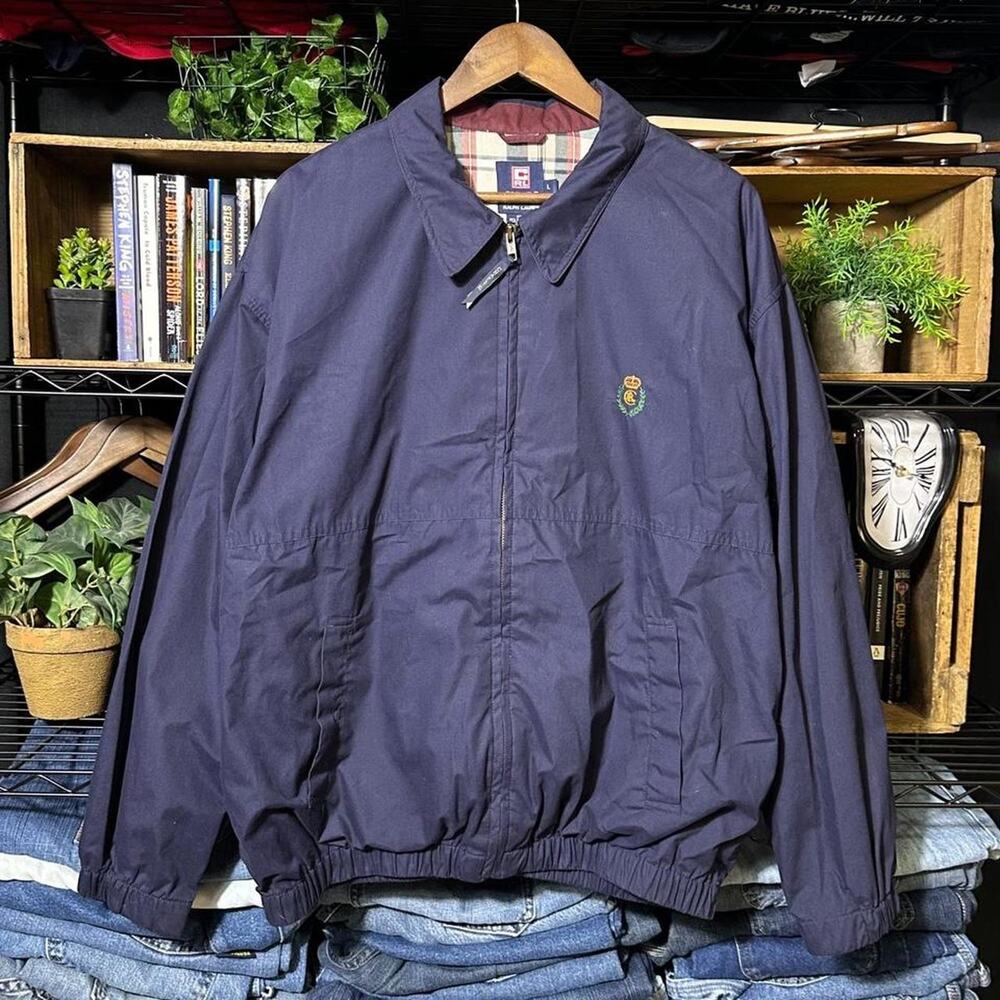 Chaps Ralph Lauren Harrington Jacket Large Plaid Lined Navy Blue Full Zip Bomber